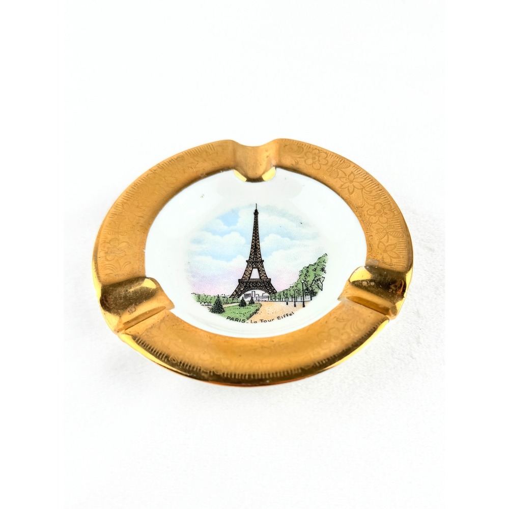 Vintage Limoges Paris Eiffel Tower ashtray gold gilt French‎ porcelain 4"